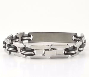 Stainless Steel Black Rubber | 2-tone Engravable ID Bracelet | L-21cm W-10.5mm | Adult Men Women
