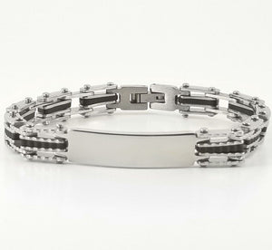 Black Rubber Bracelet | Chain Link Bracelet | Stainless Steel | 2-tone Engravable | L-21cm W-9mm | Adult Men Women