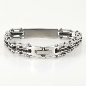 Black Rubber Bracelet | Chain Link Bracelet | Stainless Steel | 2-tone Engravable | L-21cm W-9mm | Adult Men Women