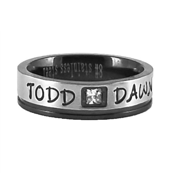 Custom Name Ring - Black Edge With a Beautiful Clear CZ Stone Thin Band