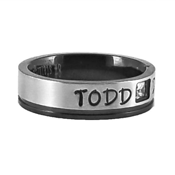 Custom Name Ring | Black Edge | Clear CZ Stone | Thin Band