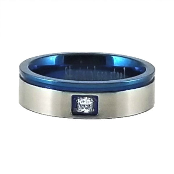Custom Name Ring | Blue Metallic Edge | Clear CZ Stone | Thin Band