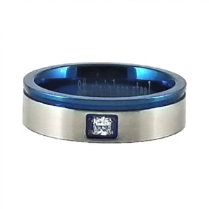 Custom Name Ring - Blue Metallic Edge With a Beautiful Clear CZ Stone on a Thin Band