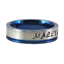 Load image into Gallery viewer, Custom Name Ring - Blue Metallic Edge With a Beautiful Clear CZ Stone on a Thin Band