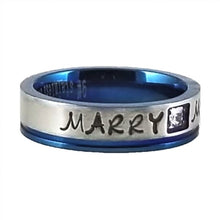 Load image into Gallery viewer, Custom Name Ring - Blue Metallic Edge With a Beautiful Clear CZ Stone on a Thin Band