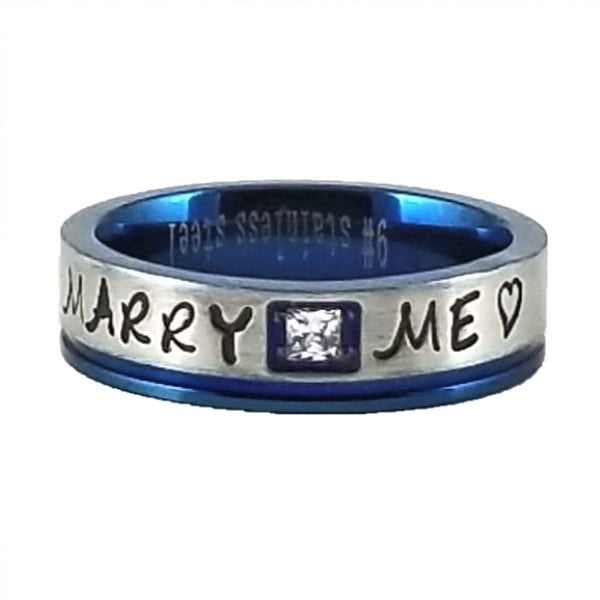 Custom Name Ring - Blue Metallic Edge With a Beautiful Clear CZ Stone on a Thin Band