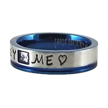 Load image into Gallery viewer, Custom Name Ring - Blue Metallic Edge With a Beautiful Clear CZ Stone on a Thin Band