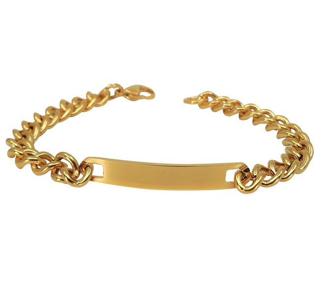 Gold Color Plated Stainless Steel Engravable | Cuban Link ID Bracelet | Large Adult Men | Women