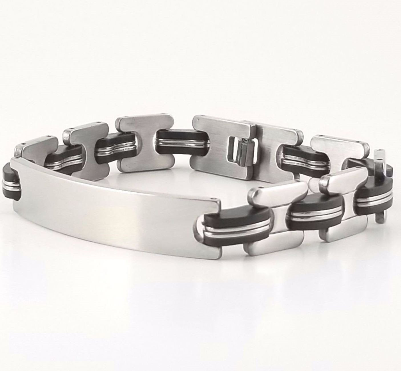 Stainless Steel Black Rubber | 2-tone Engravable ID Bracelet | L-21cm W-10.5mm | Adult Men | Women