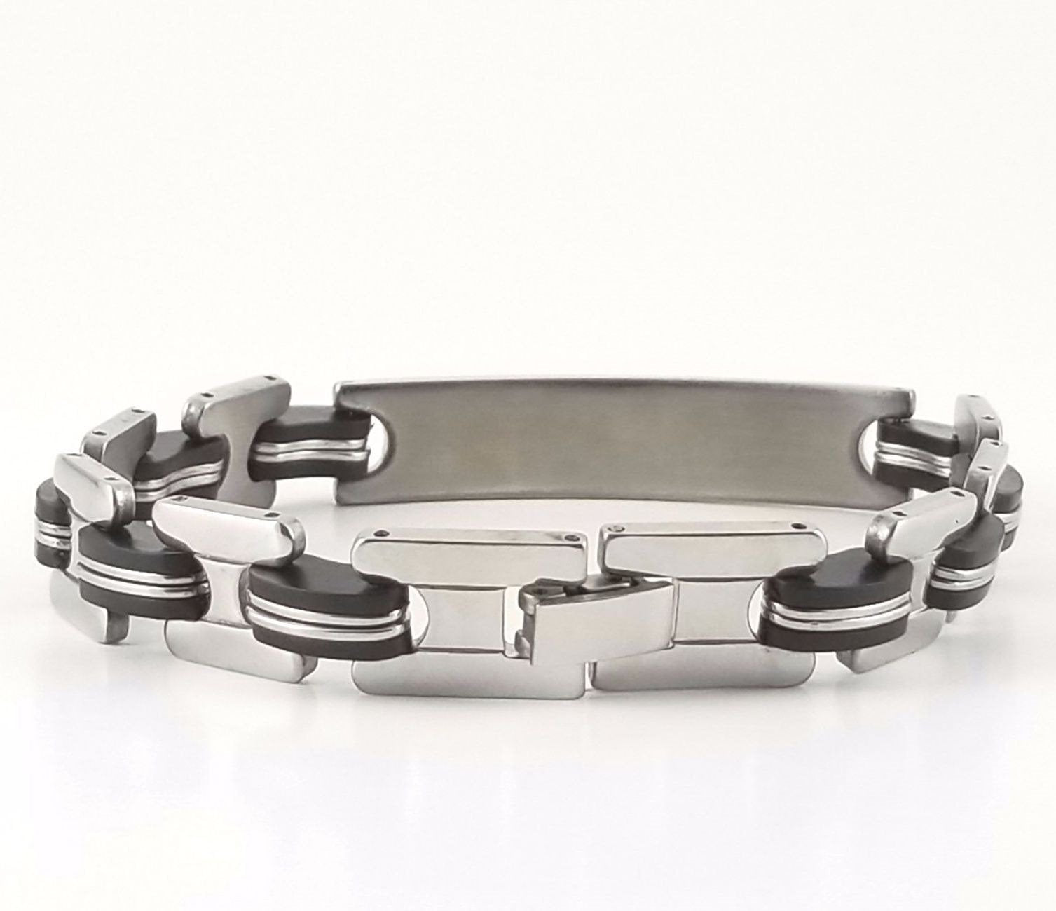 Stainless Steel Black Rubber | 2-tone Engravable ID Bracelet | L-21cm W-10.5mm | Adult Men | Women