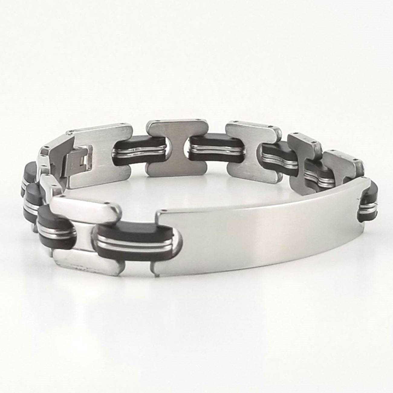 Stainless Steel Black Rubber | 2-tone Engravable ID Bracelet | L-21cm W-10.5mm | Adult Men | Women