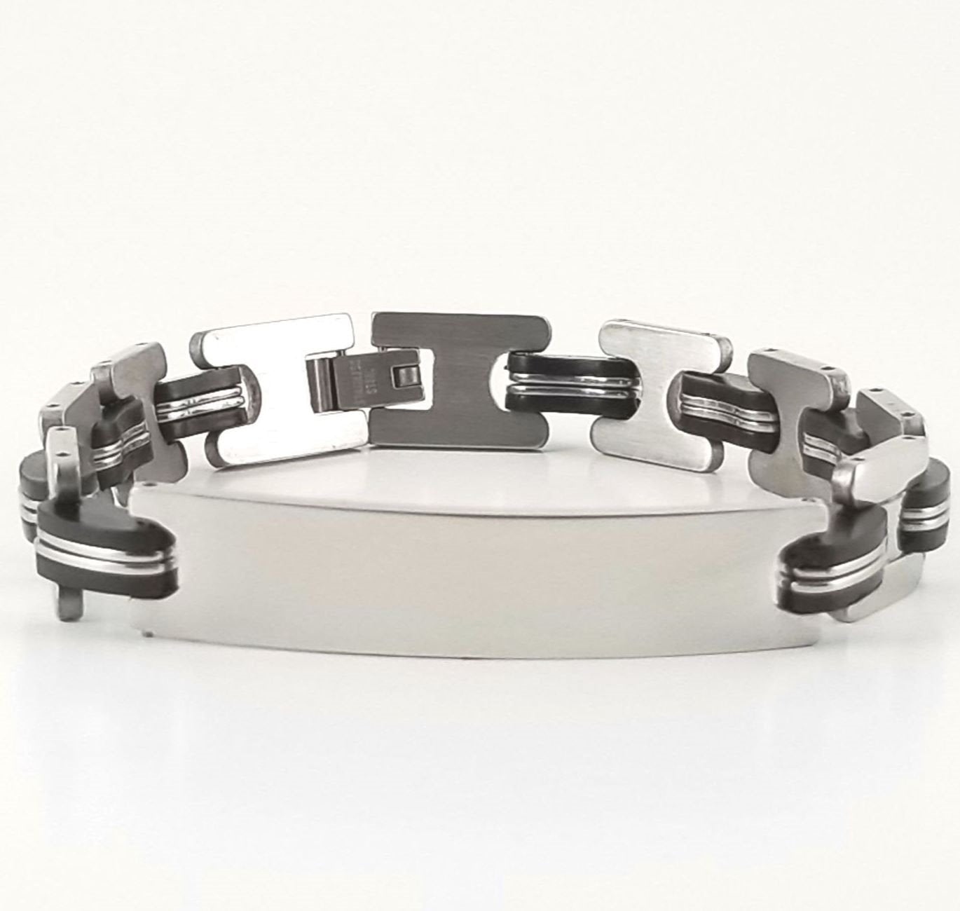 Stainless Steel Black Rubber | 2-tone Engravable ID Bracelet | L-21cm W-10.5mm | Adult Men | Women
