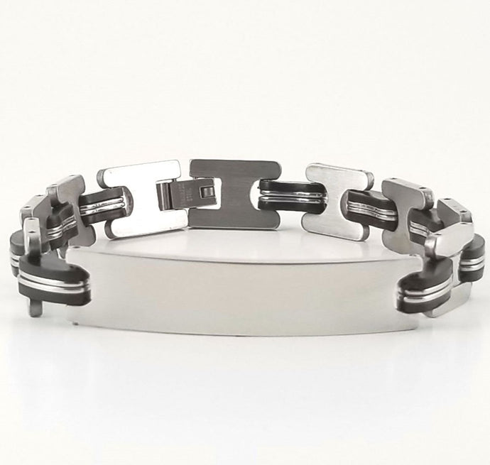 Stainless Steel Black Rubber | 2-tone Engravable ID Bracelet | L-21cm W-10.5mm | Adult Men Women