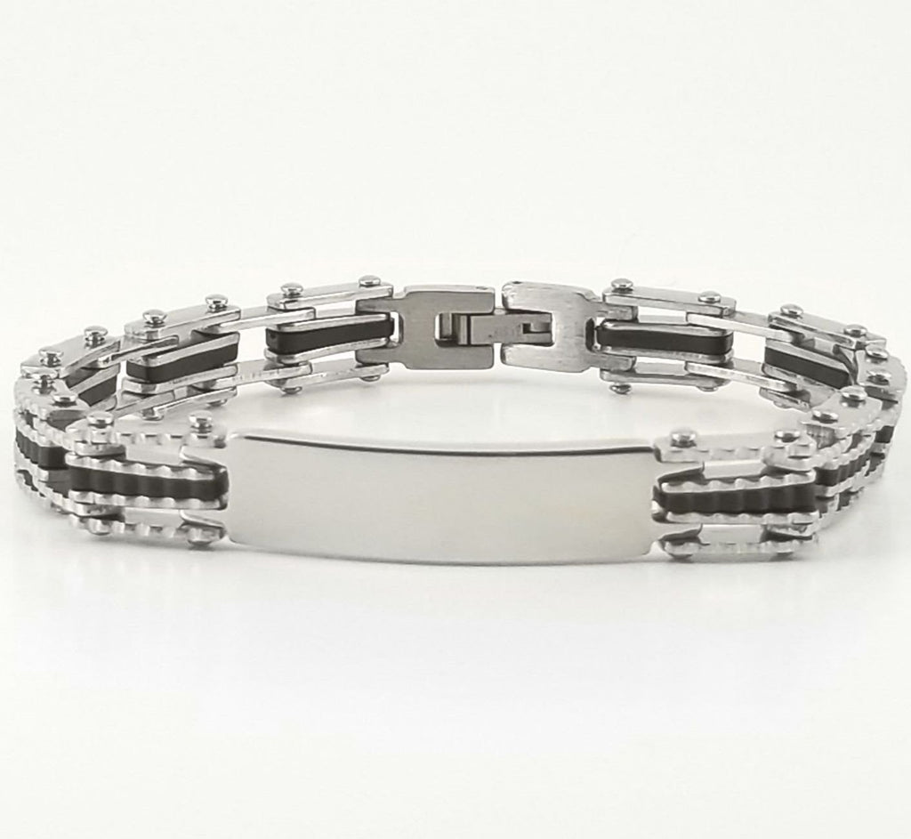 Black Rubber Bracelet | Chain Link Bracelet | Stainless Steel | 2-tone Engravable | L-21cm W-9mm | Adult Men | Women