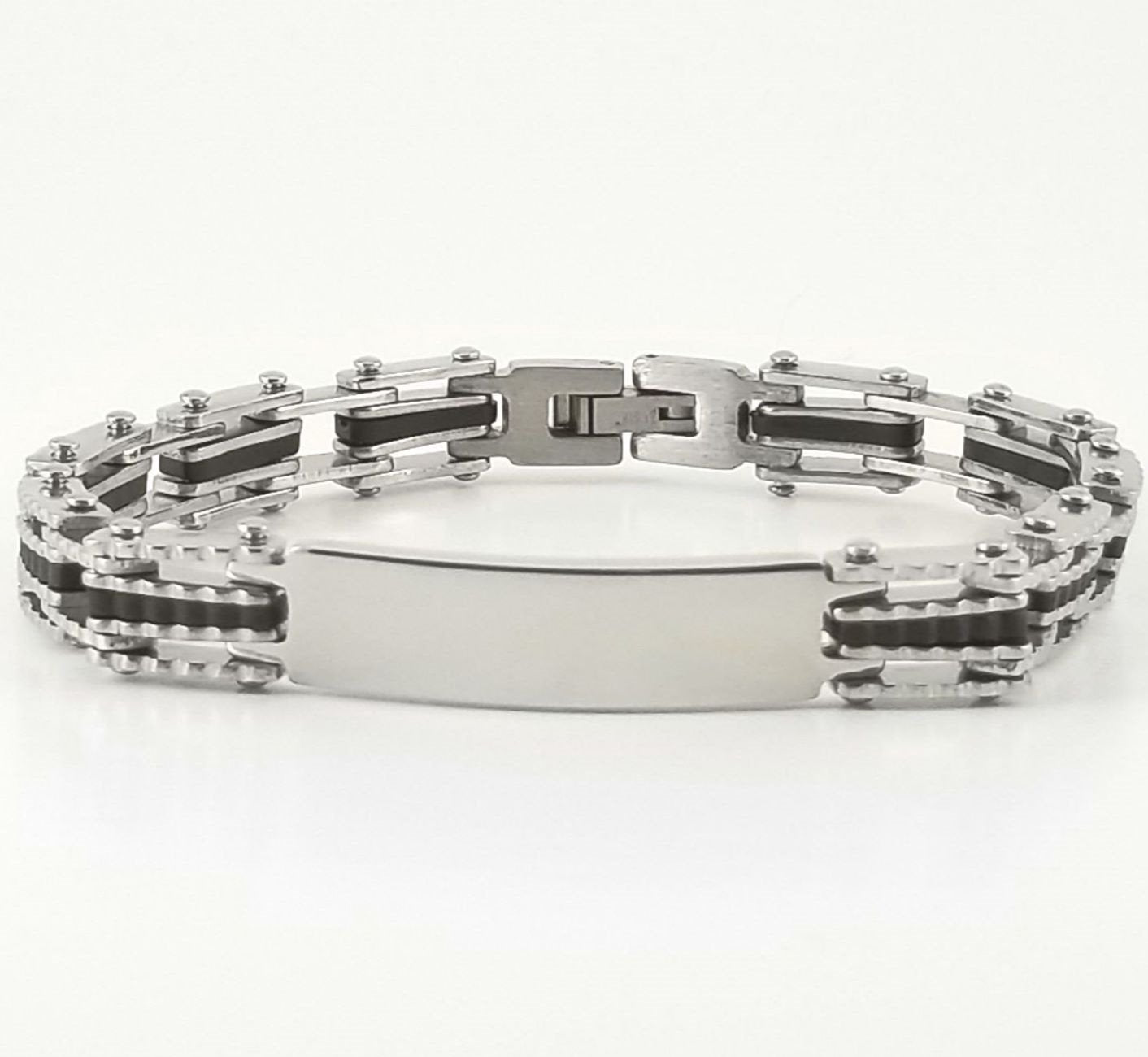 Black Rubber Bracelet | Chain Link Bracelet | Stainless Steel | 2-tone Engravable | L-21cm W-9mm | Adult Men | Women