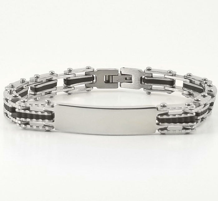 Black Rubber Bracelet | Chain Link Bracelet | Stainless Steel | 2-tone Engravable | L-21cm W-9mm | Adult Men | Women