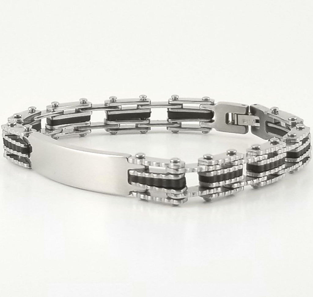 Black Rubber Bracelet | Chain Link Bracelet | Stainless Steel | 2-tone Engravable | L-21cm W-9mm | Adult Men | Women