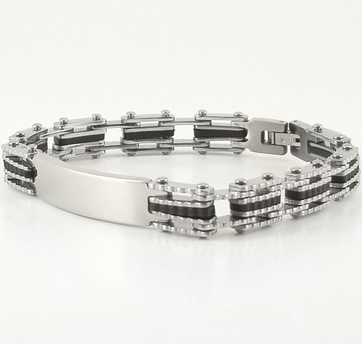 Black Rubber Bracelet | Chain Link Bracelet | Stainless Steel | 2-tone Engravable | L-21cm W-9mm | Adult Men | Women