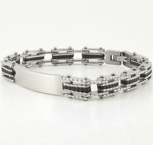 Load image into Gallery viewer, Black Rubber Bracelet | Chain Link Bracelet | Stainless Steel | 2-tone Engravable | L-21cm W-9mm | Adult Men Women