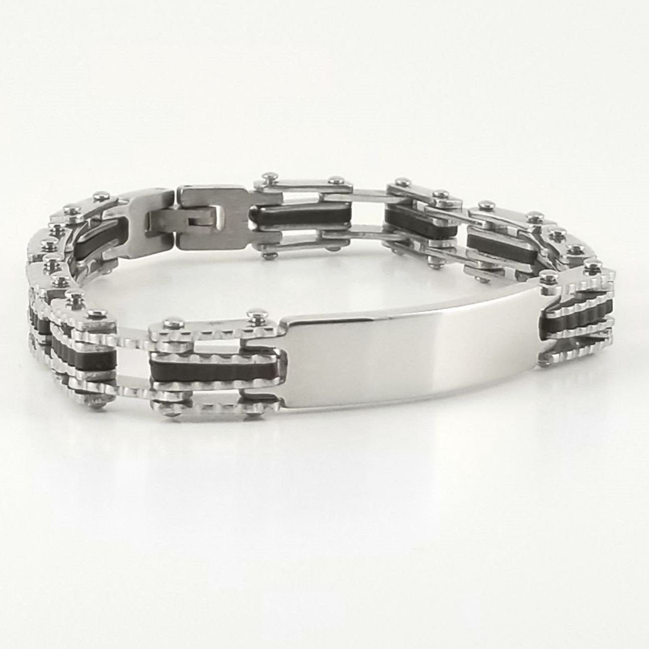 Black Rubber Bracelet | Chain Link Bracelet | Stainless Steel | 2-tone Engravable | L-21cm W-9mm | Adult Men | Women