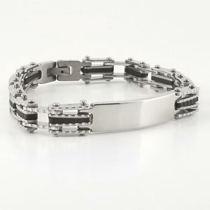 Black Rubber Bracelet | Chain Link Bracelet | Stainless Steel | 2-tone Engravable | L-21cm W-9mm | Adult Men Women