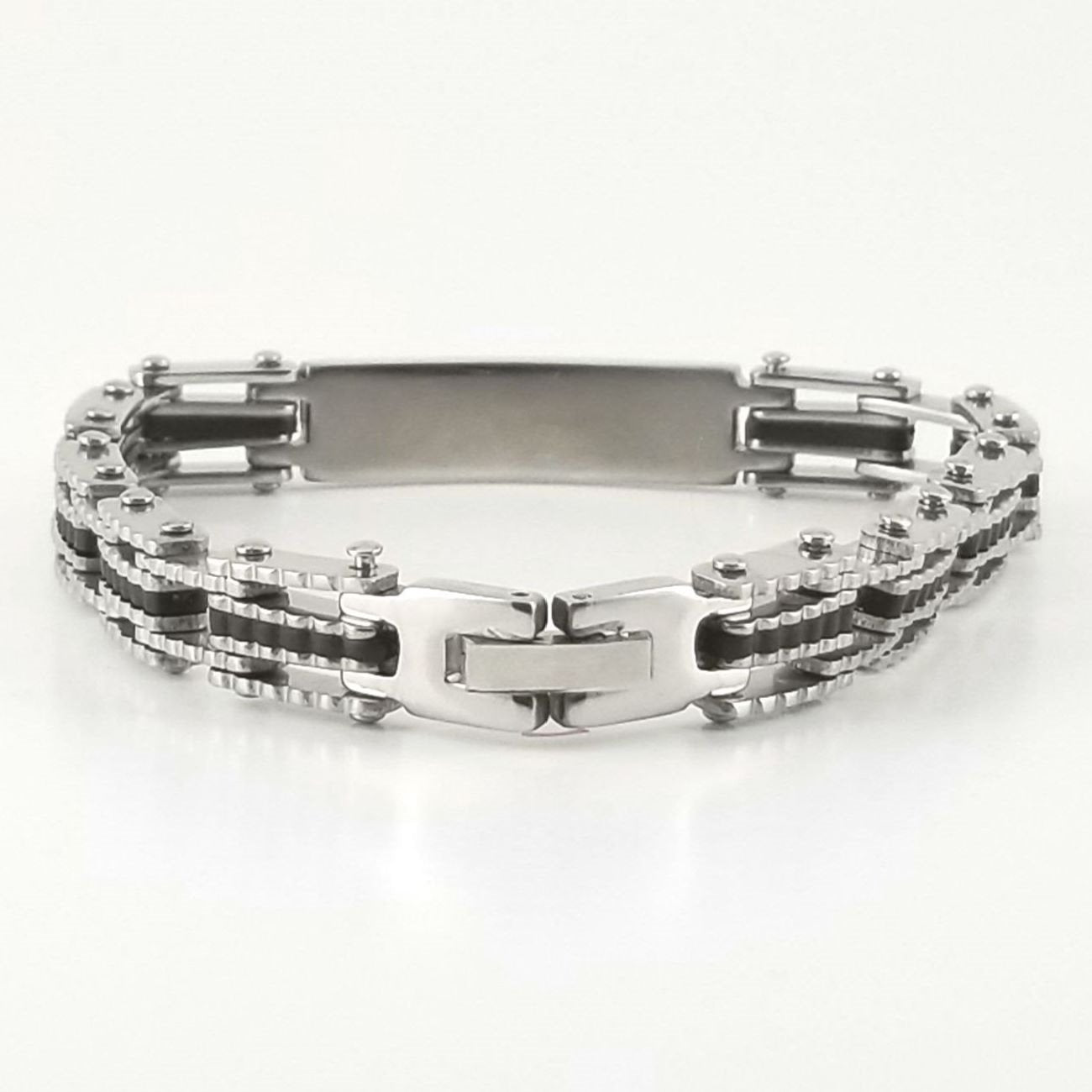 Black Rubber Bracelet | Chain Link Bracelet | Stainless Steel | 2-tone Engravable | L-21cm W-9mm | Adult Men | Women